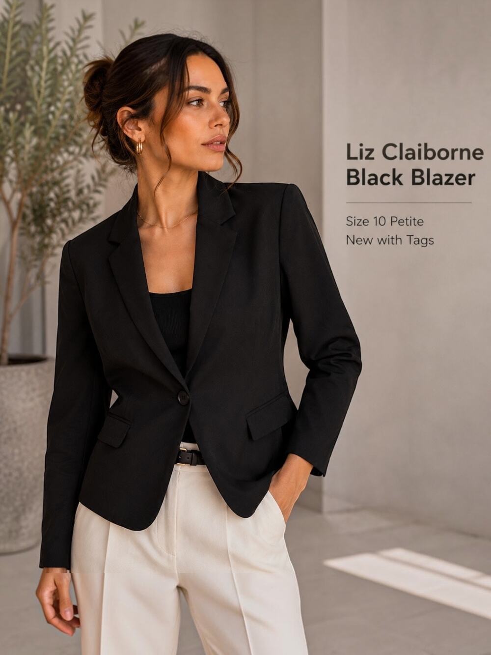 Liz Claiborne Black Blazer Size 10P NWT Tailored One Button Career Jacket
